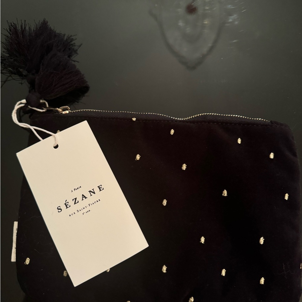 Sezane gold polka dot embroidered black velvet pouch. Great as a clutch!